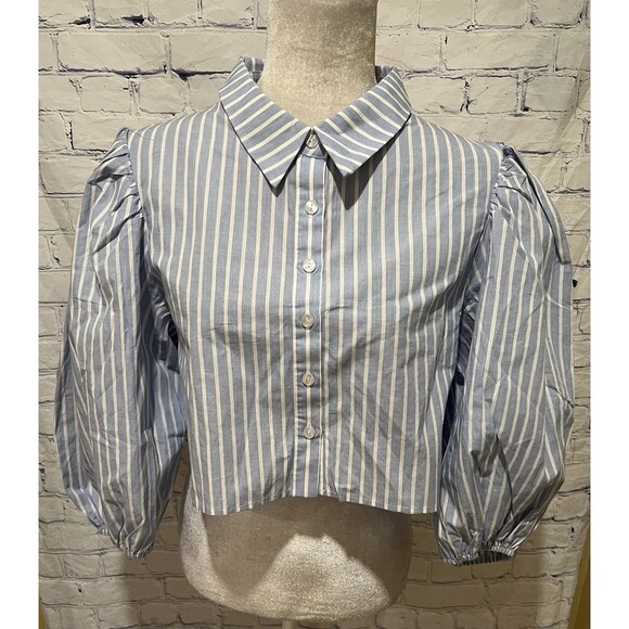 NWT Choosy Blue And White Striped Button Up Cropped Shirt With A Puff Sleeve XL - Picture 2 of 8